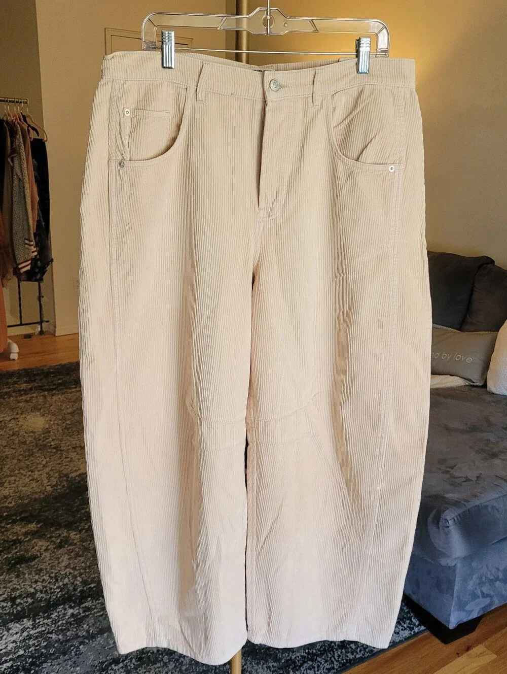 Free People We The Free Good Luck Mid-Rise Cord Barrel Pants Cream Beige Sz 31 - Picture 7 of 16